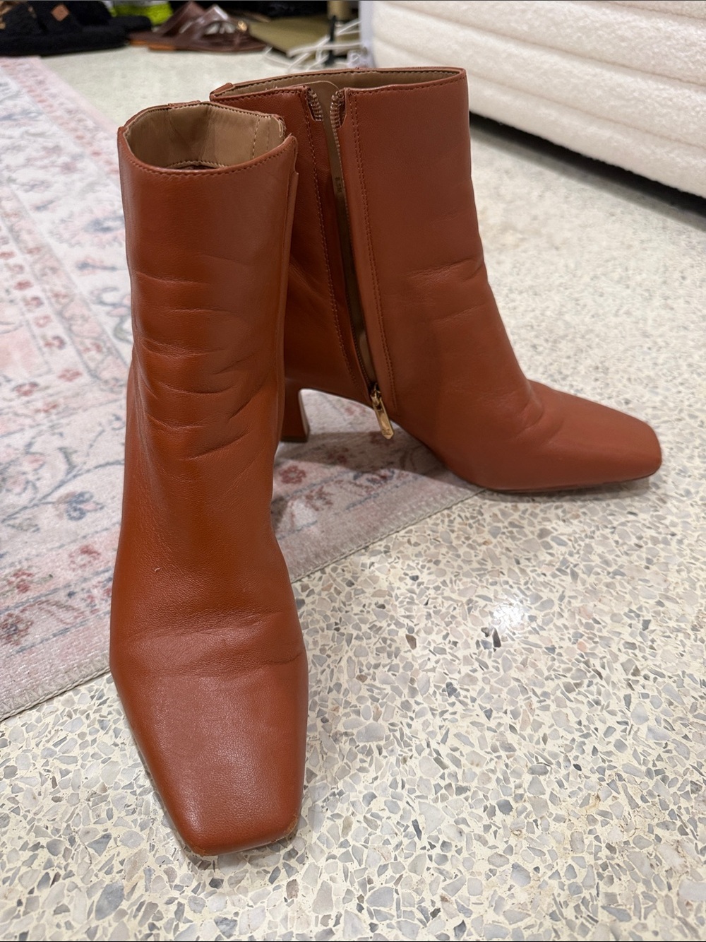 Sam Edelman Classic Square-Toe Mid-Heel Ankle Boots in Cognac